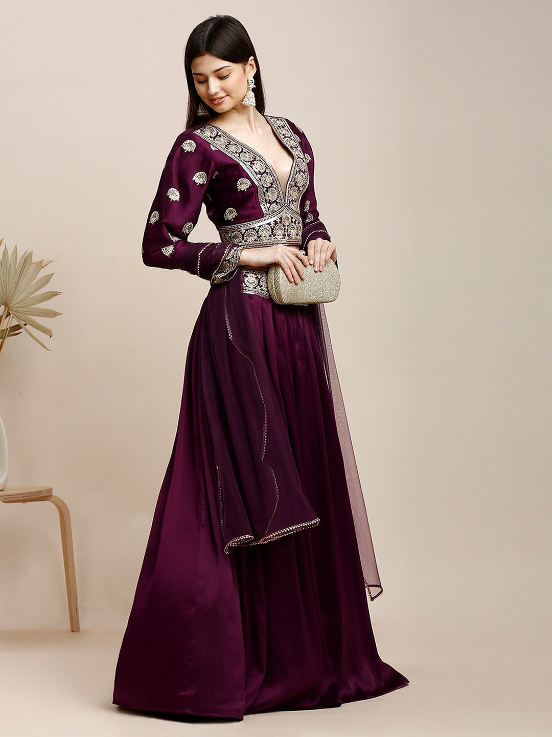 Maroon Silk Lehenga & Blouse For Women With Dupatta