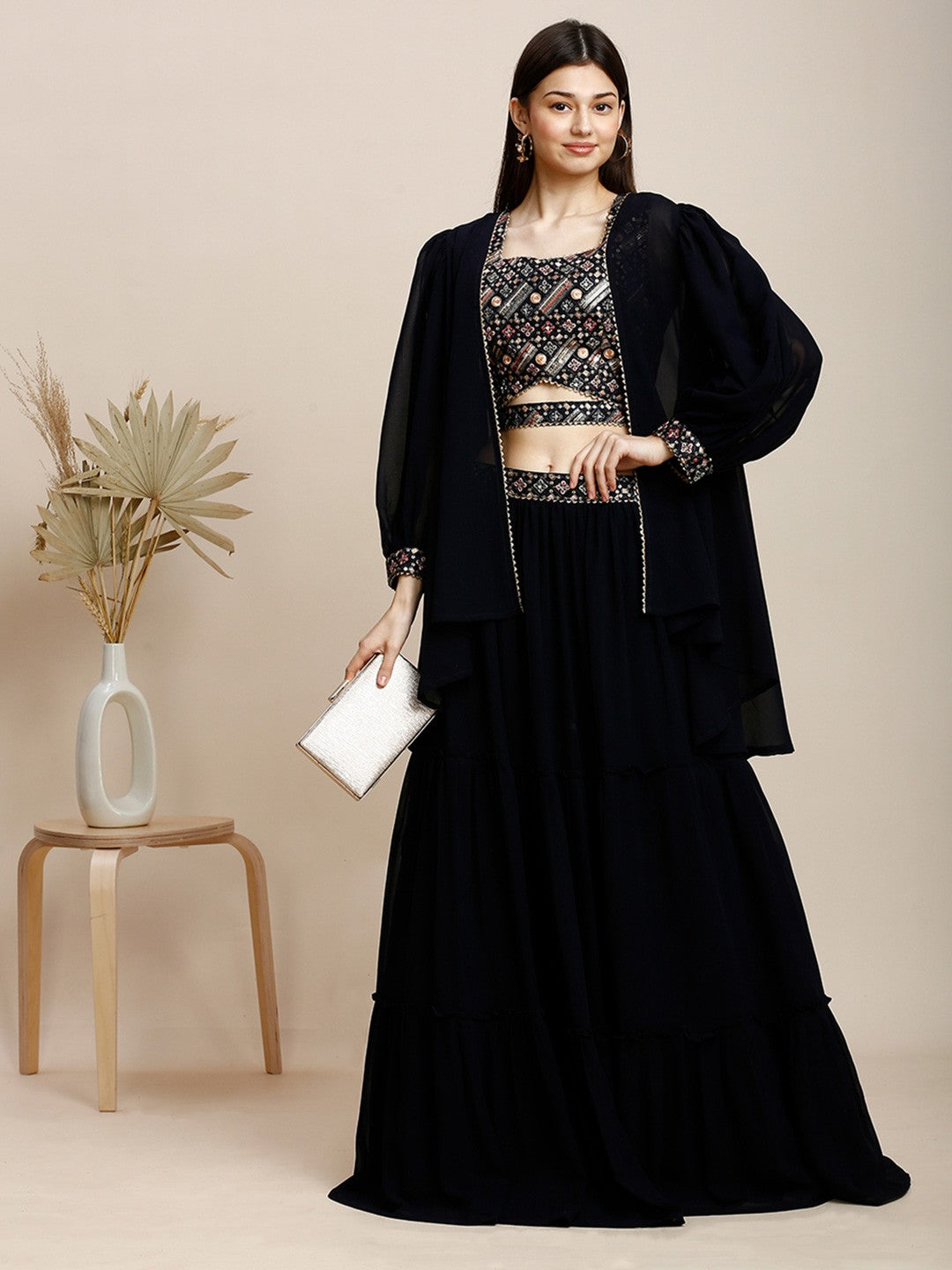 Navy Blue Georgette Lehenga Choli For Women With Shrug