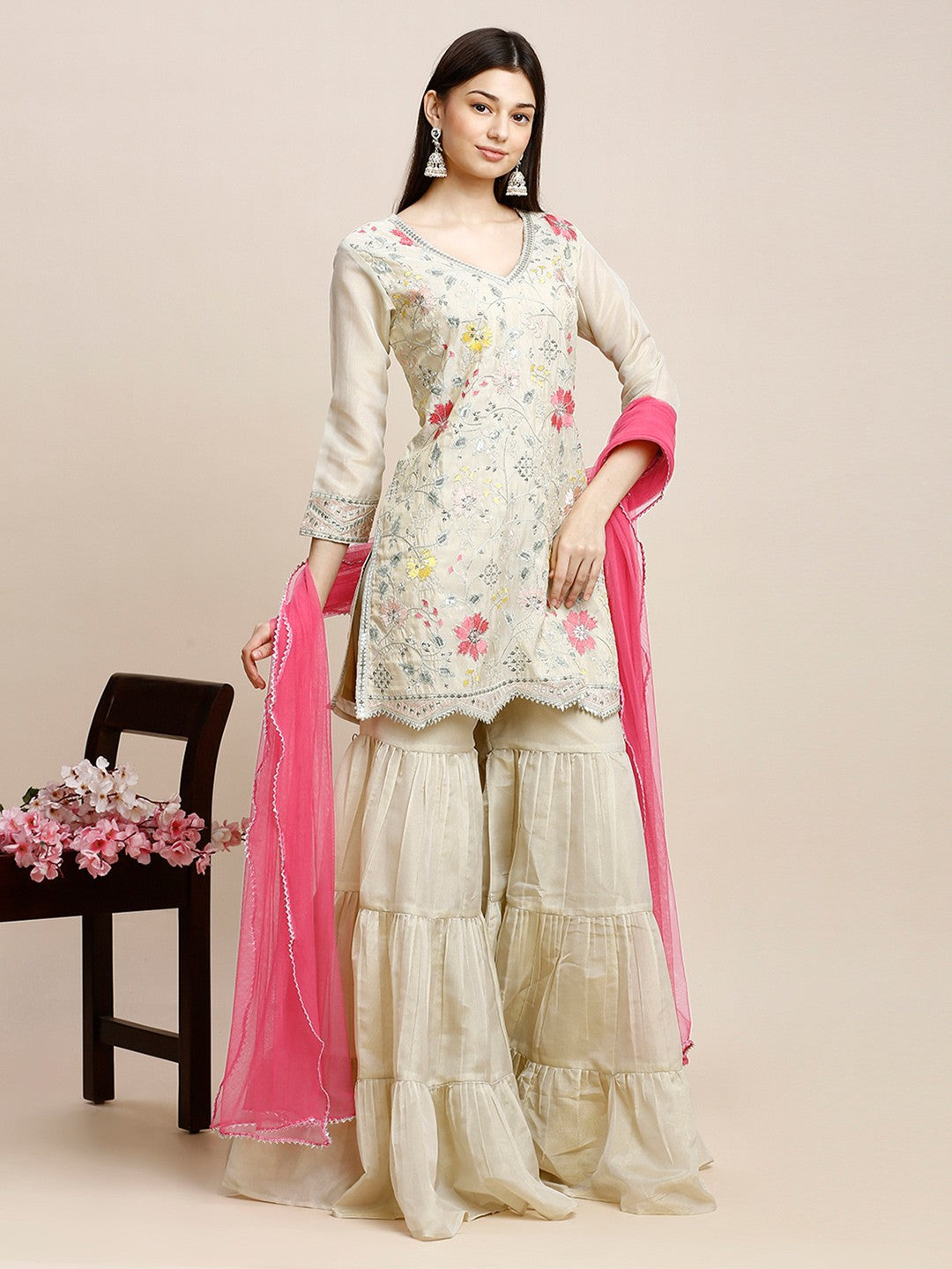 White Poly Silk Kurta Sets For Women With Sharara & Dupatta
