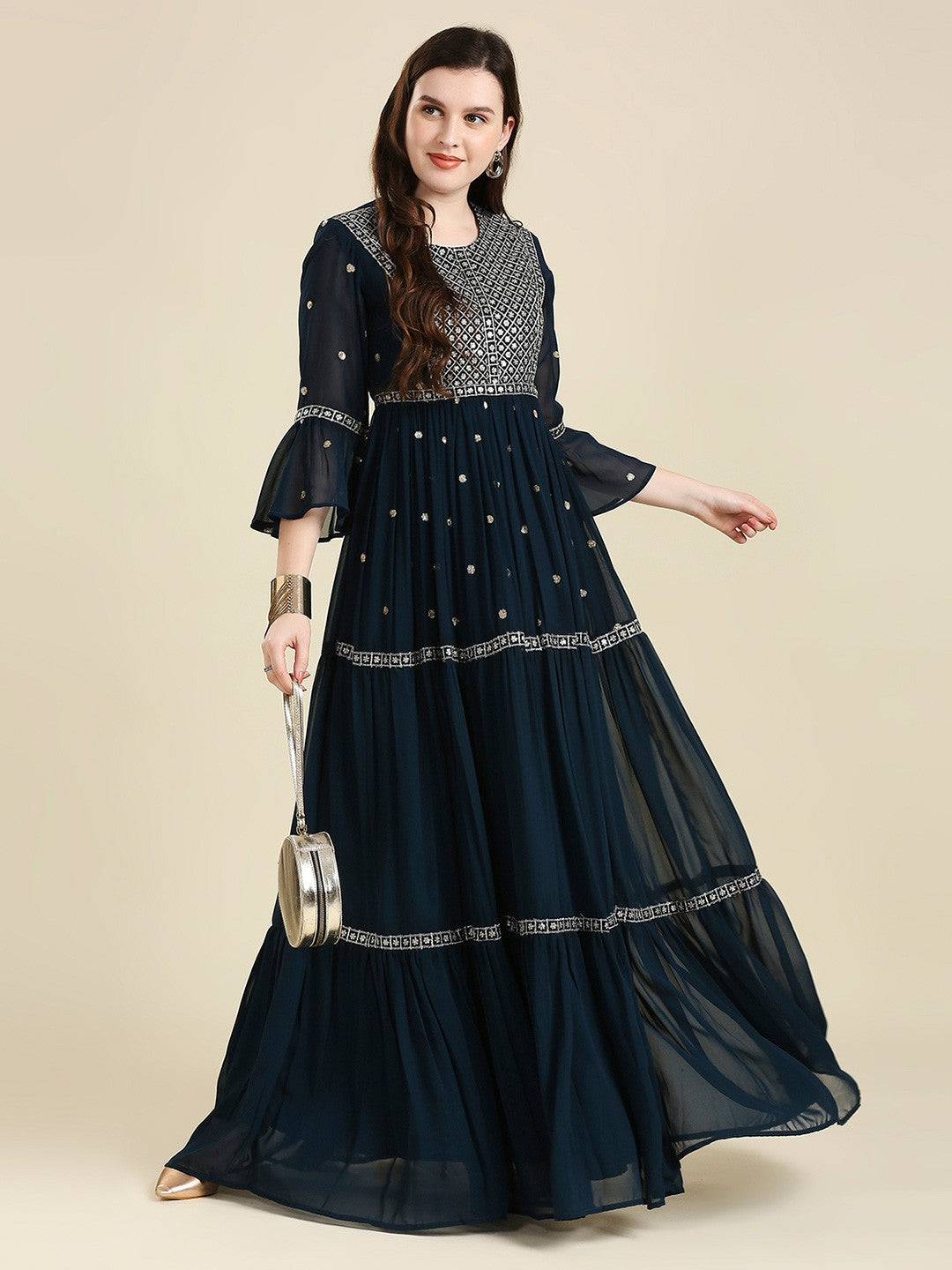 Navy Blue & Gold Georgette Long Gown Dress for Women