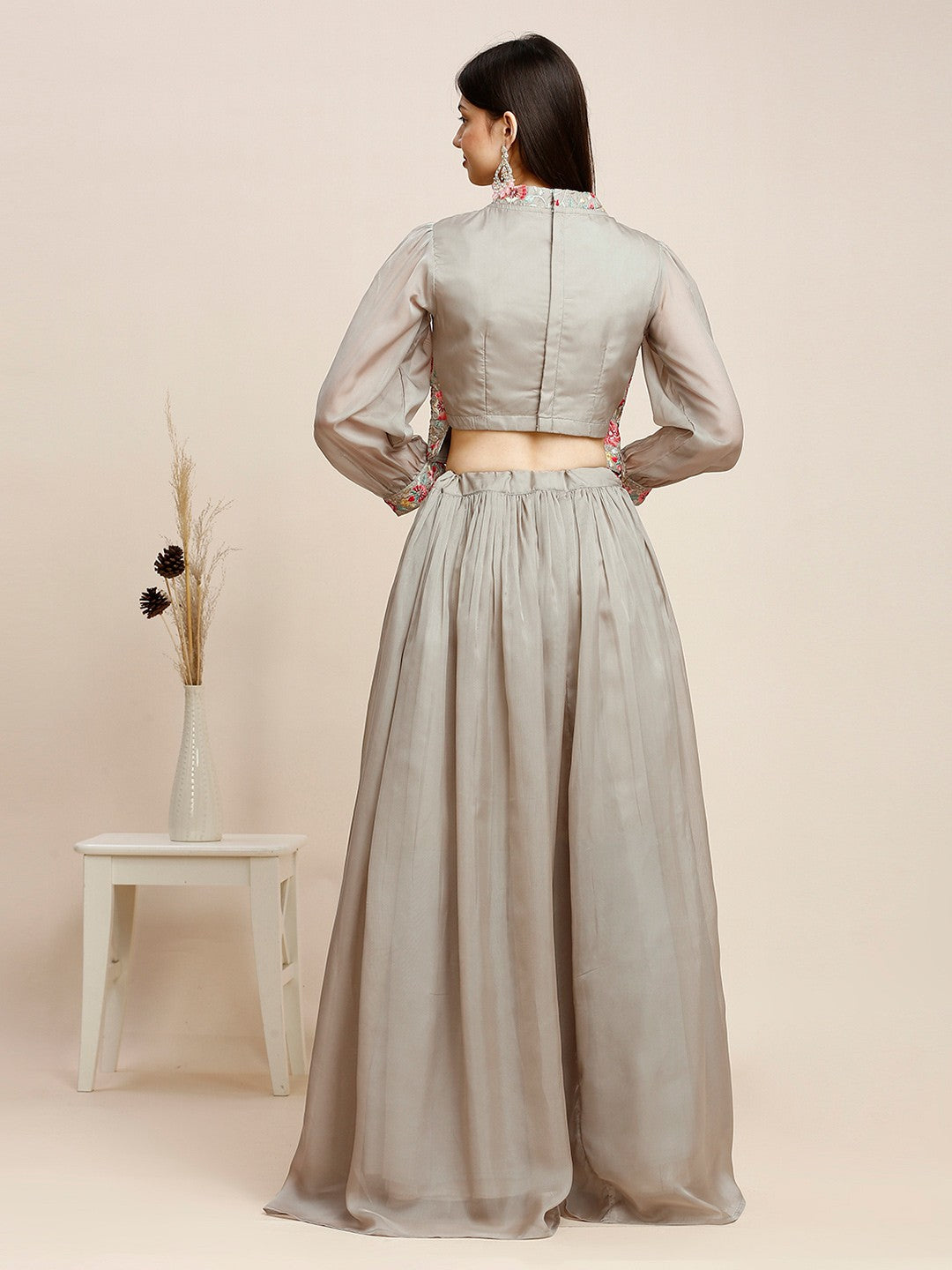 Grey Cotton Embroidered Lehenga Choli For Women