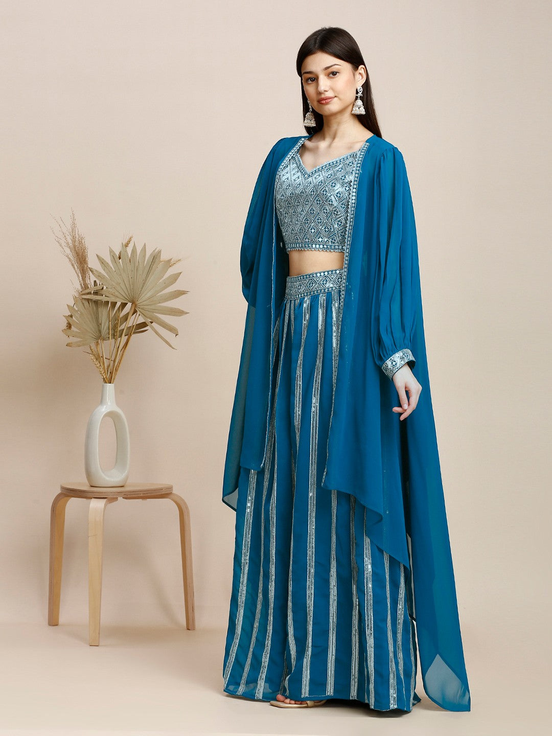 Blue Silk & Georgette Plazzo Set For Women With Crop Top & Shrug