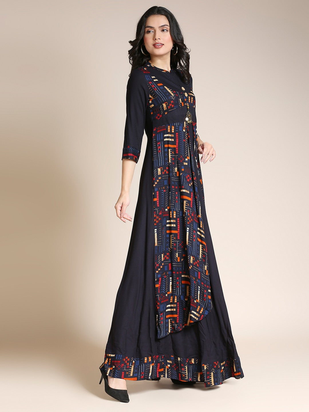 NavyBlue Printed Rayon Long Gown Dress For Women