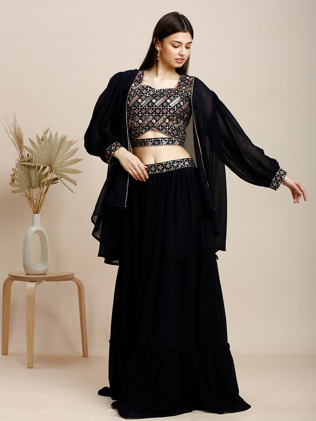 Navy Blue Georgette Lehenga Choli For Women With Shrug