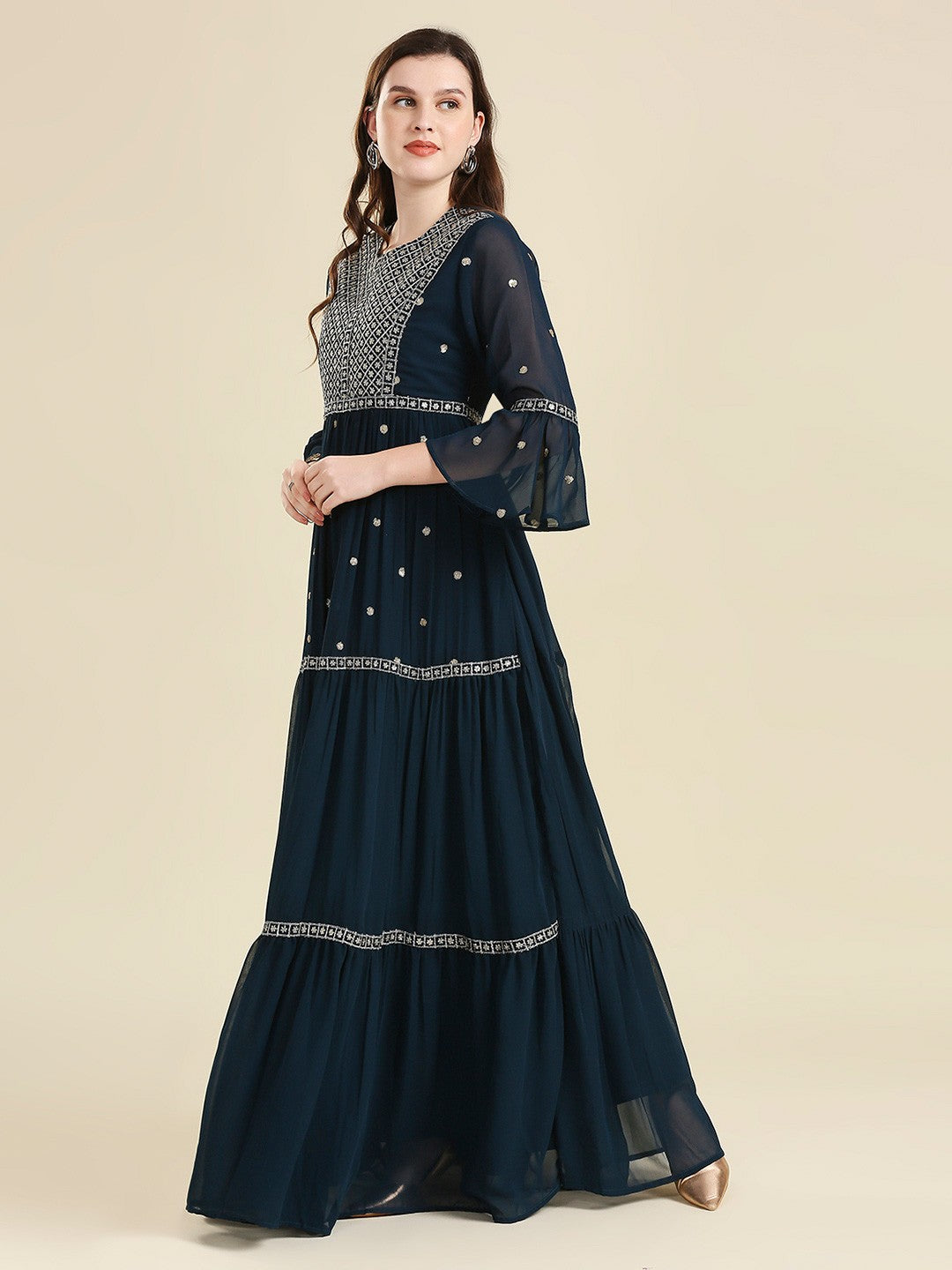 Navy Blue & Gold Georgette Long Gown Dress for Women