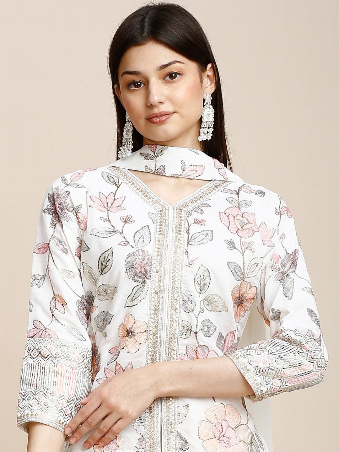 White Georgette Kurta Set With Plazzo & Dupatta