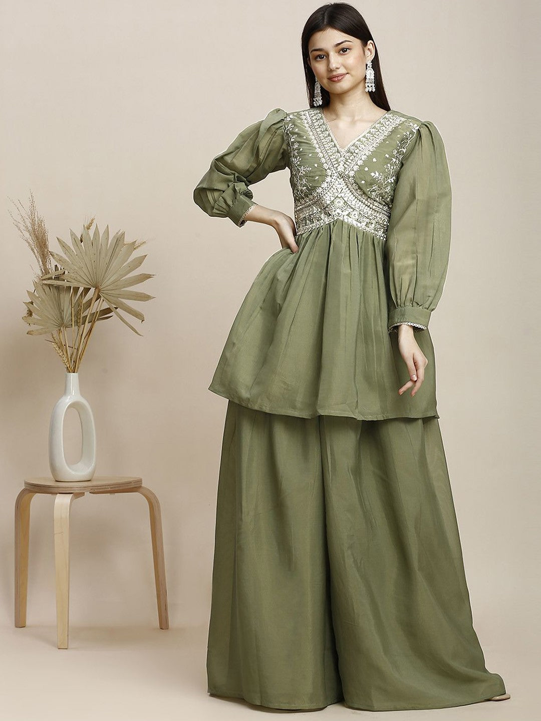 Green Silk Plazzo Set For Women With Top
