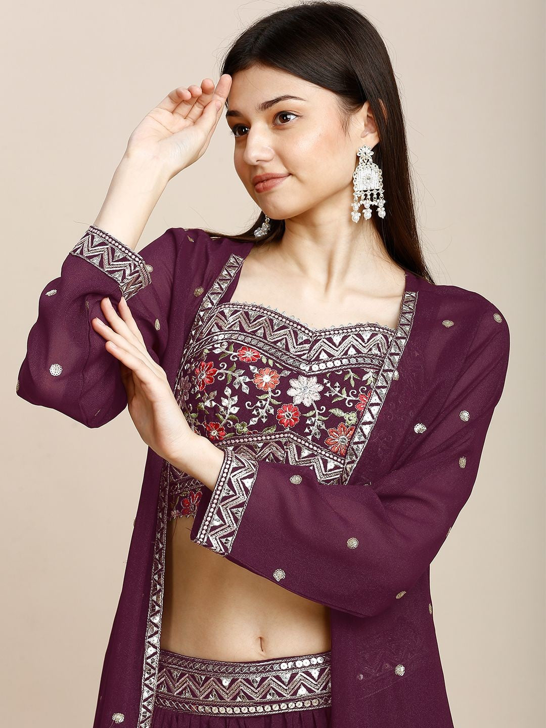 Maroon Silk & Georgette Plazzo Set For Women With Top & Shrug