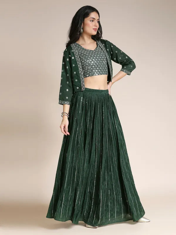 Dark Green Silk Chiffon Lehenga Choli For Women With Jacket