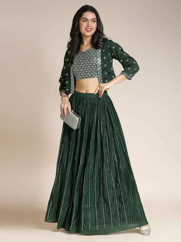 Dark Green Silk Chiffon Lehenga Choli For Women With Jacket