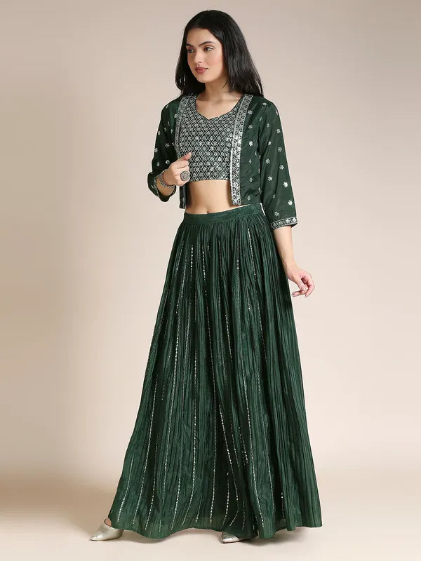 Dark Green Silk Chiffon Lehenga Choli For Women With Jacket
