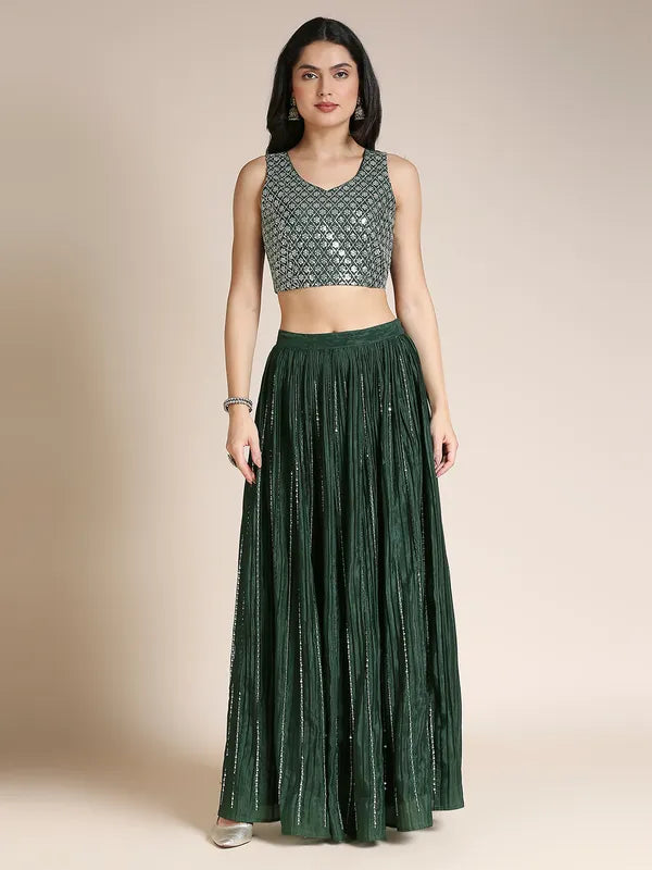 Dark Green Silk Chiffon Lehenga Choli For Women With Jacket
