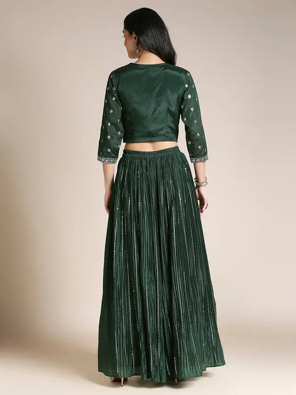 Dark Green Silk Chiffon Lehenga Choli For Women With Jacket