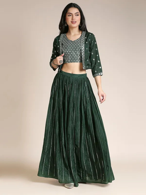 Dark Green Silk Chiffon Lehenga Choli For Women With Jacket