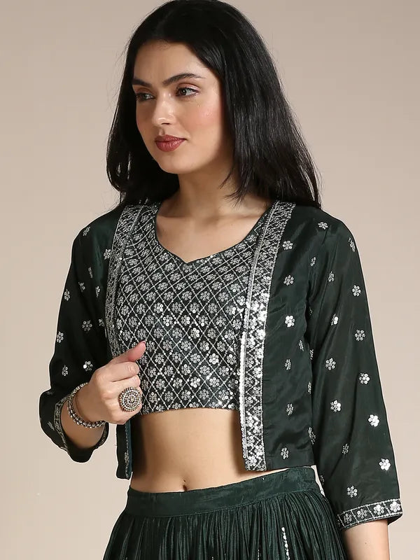 Dark Green Silk Chiffon Lehenga Choli For Women With Jacket