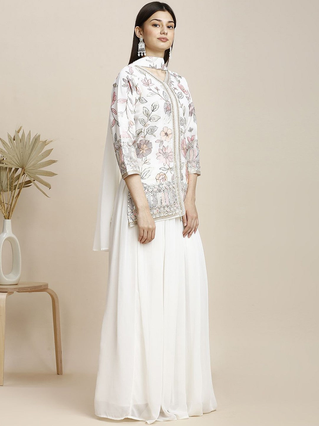 White Georgette Kurta Set With Plazzo & Dupatta