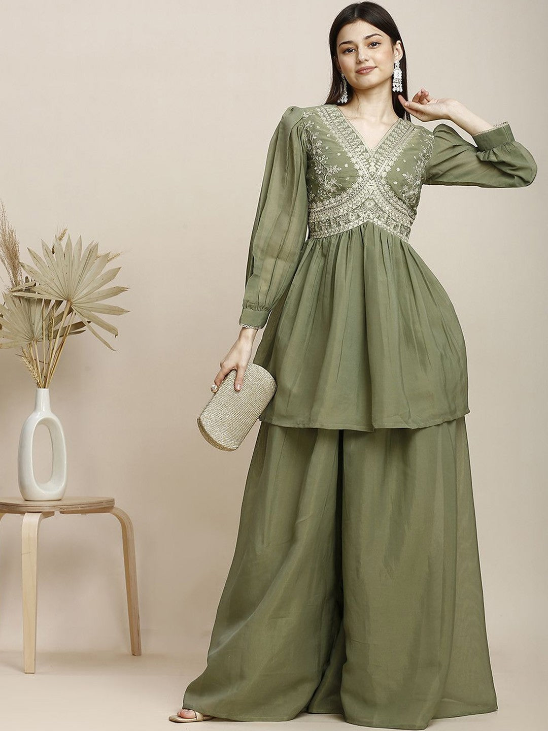 Green Silk Plazzo Set For Women With Top
