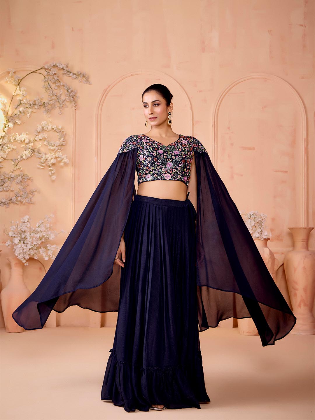Madhuram Navy Blue Embroidered Georgette Lehenga & Crop Top Set