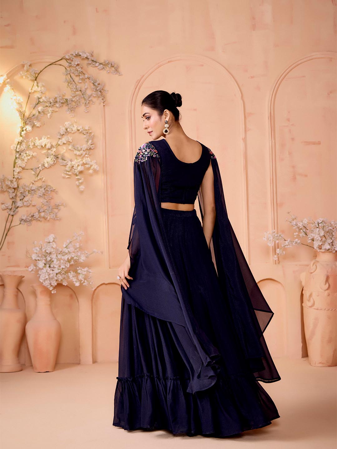Madhuram Navy Blue Embroidered Georgette Lehenga & Crop Top Set