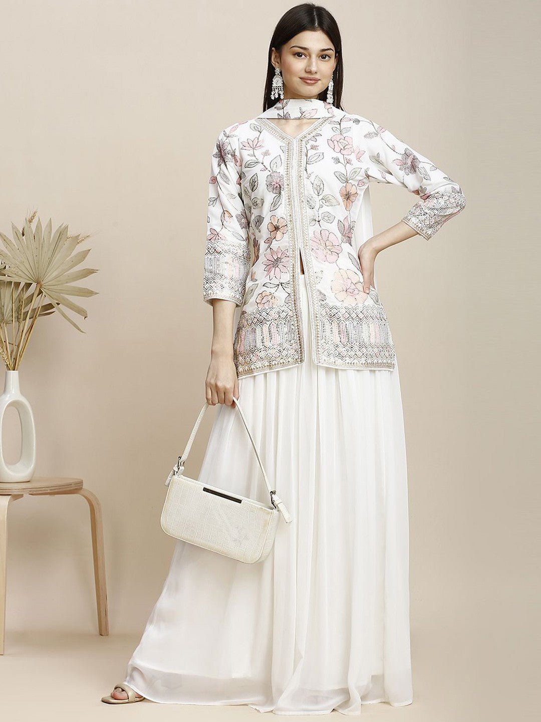 White Georgette Kurta Set With Plazzo & Dupatta