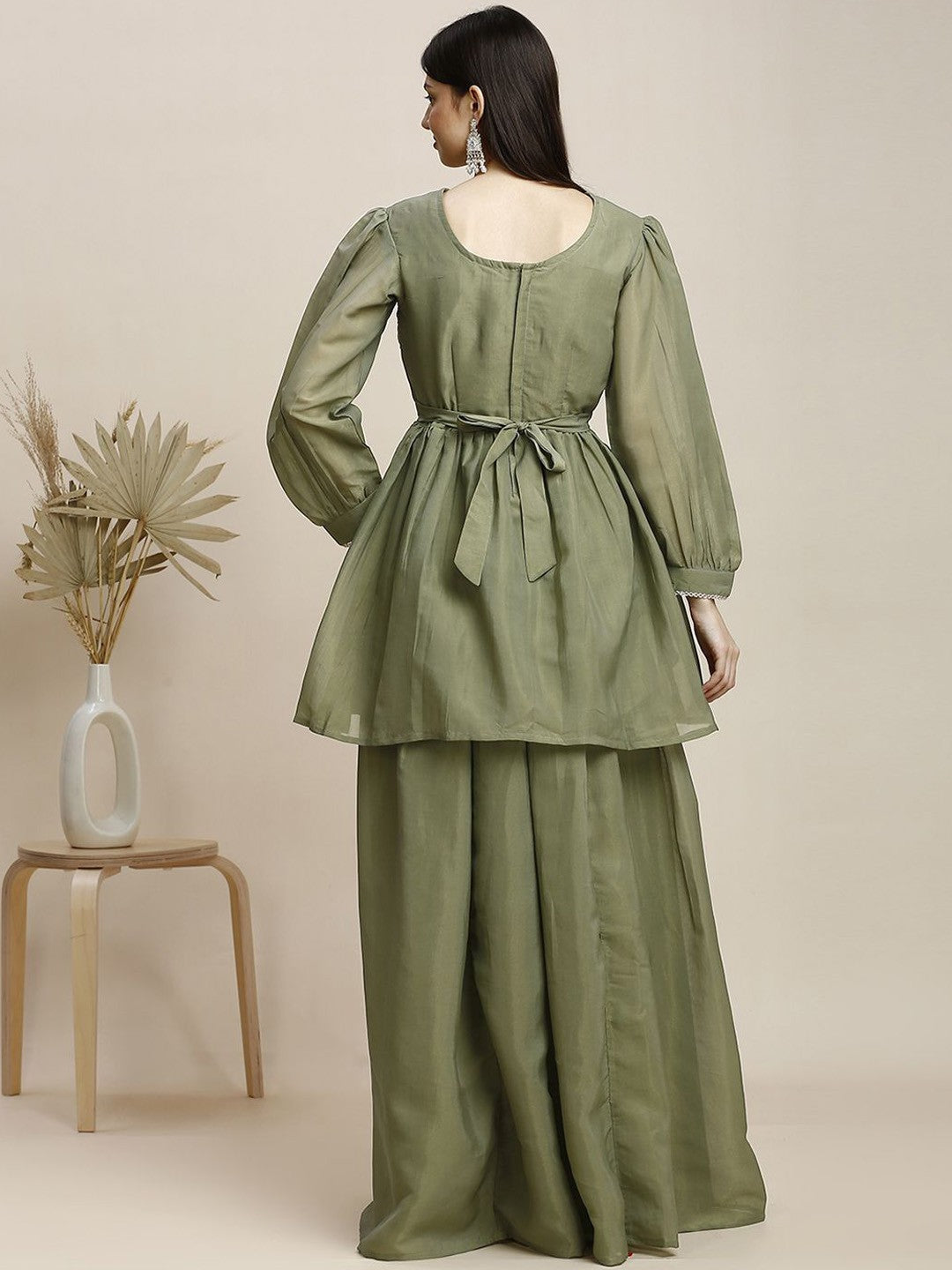 Green Silk Plazzo Set For Women With Top