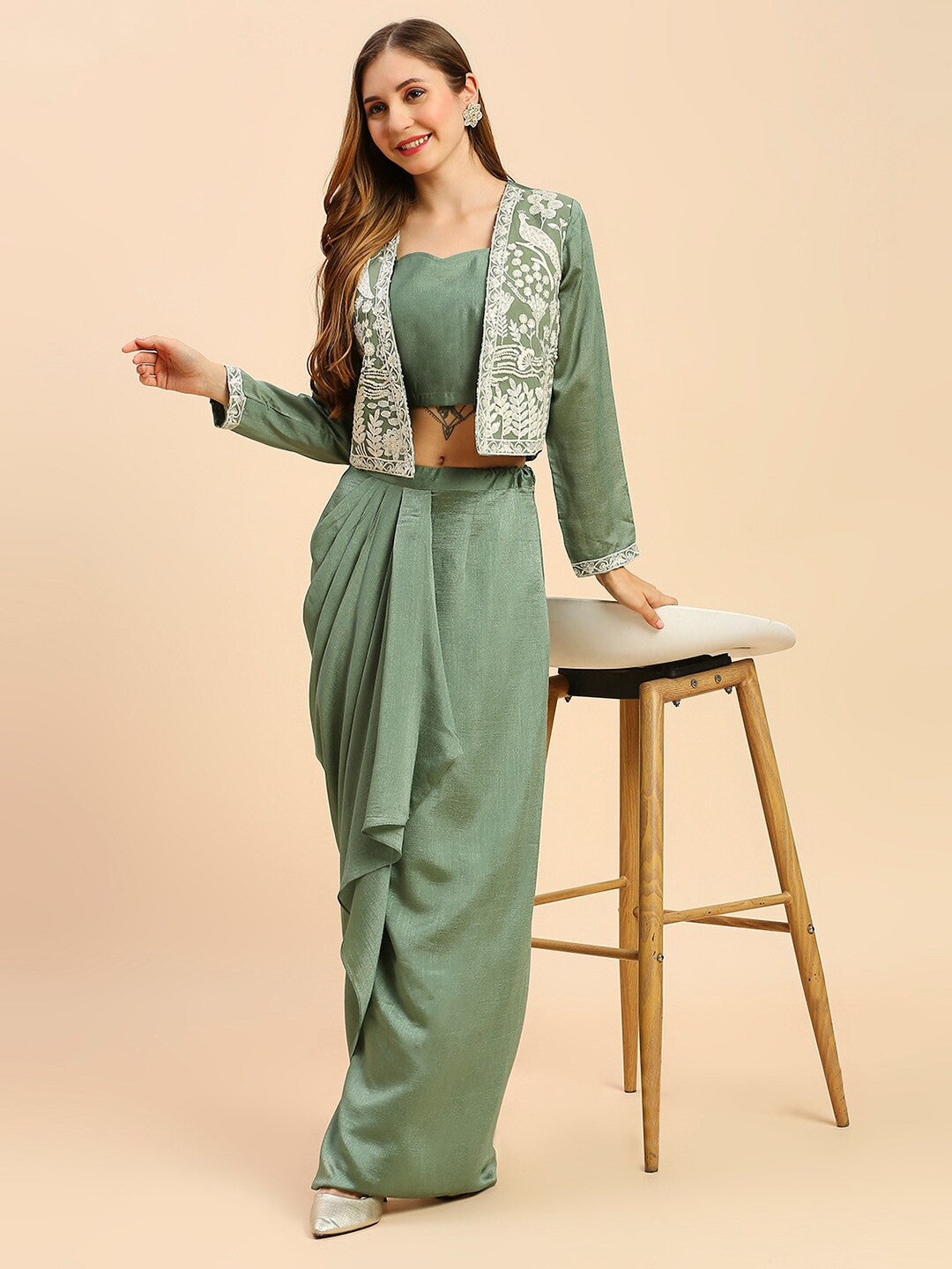 Green Silk Indo Wester Lehenga Choli For Women With Jacket