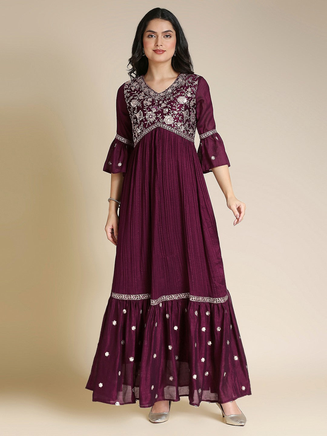 Maroon Satin Anarkali Long Gown