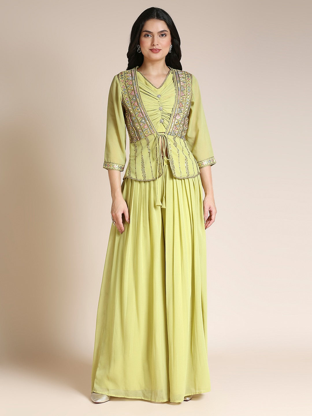 Yellow Georgette Plazzo Set For Women With Top & Jacket