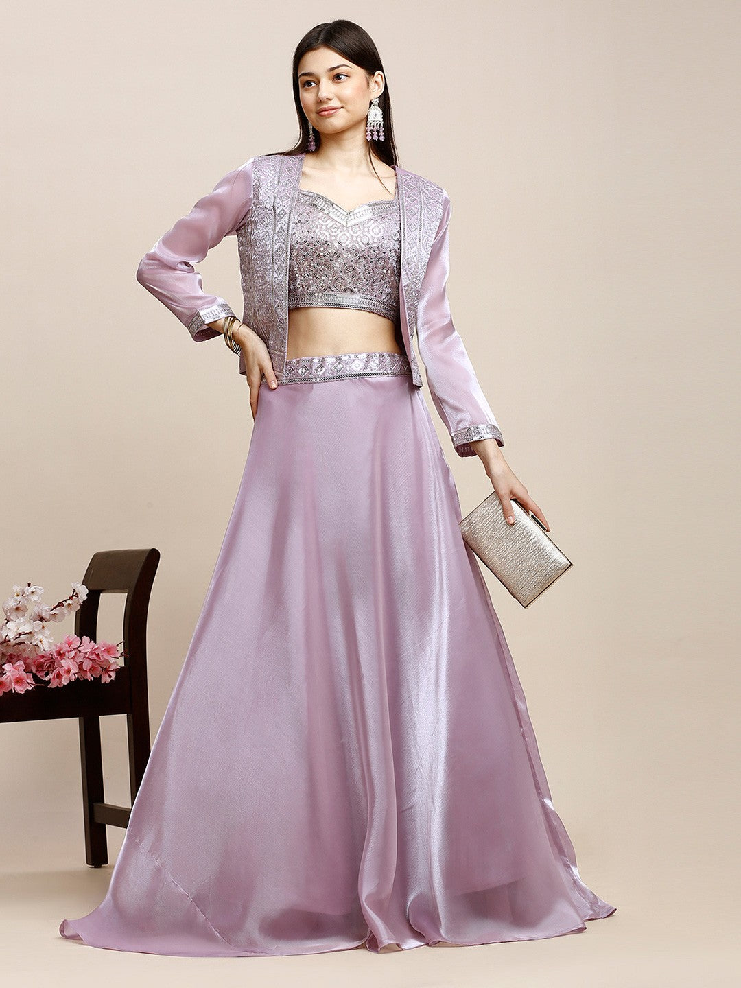 Lavender & Silver Silk Lehenga Blouse For Women With Jacket