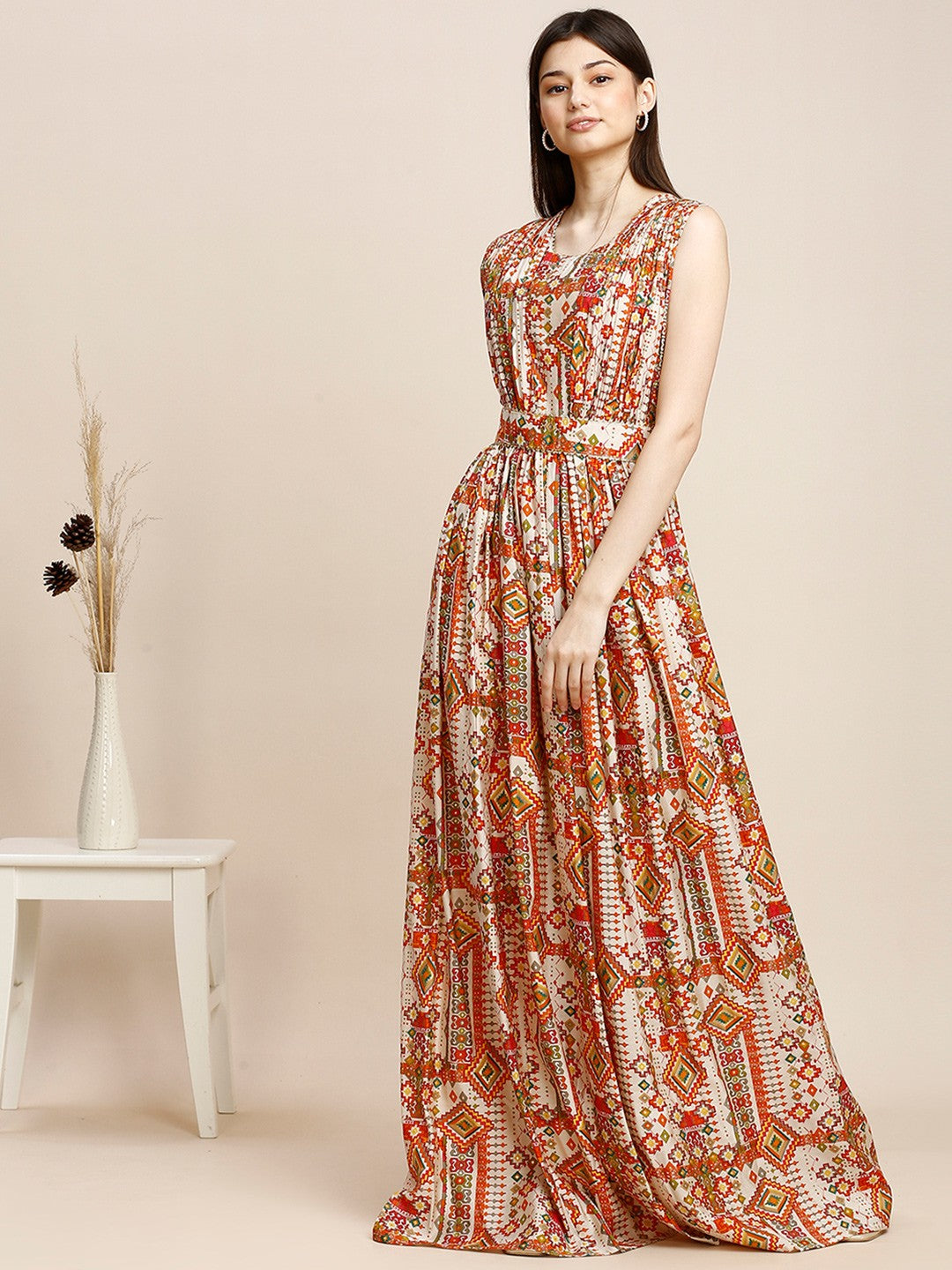 Beige Printed Chanderi Long Gown