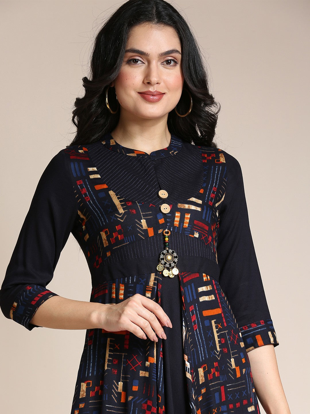 NavyBlue Printed Rayon Long Gown Dress For Women