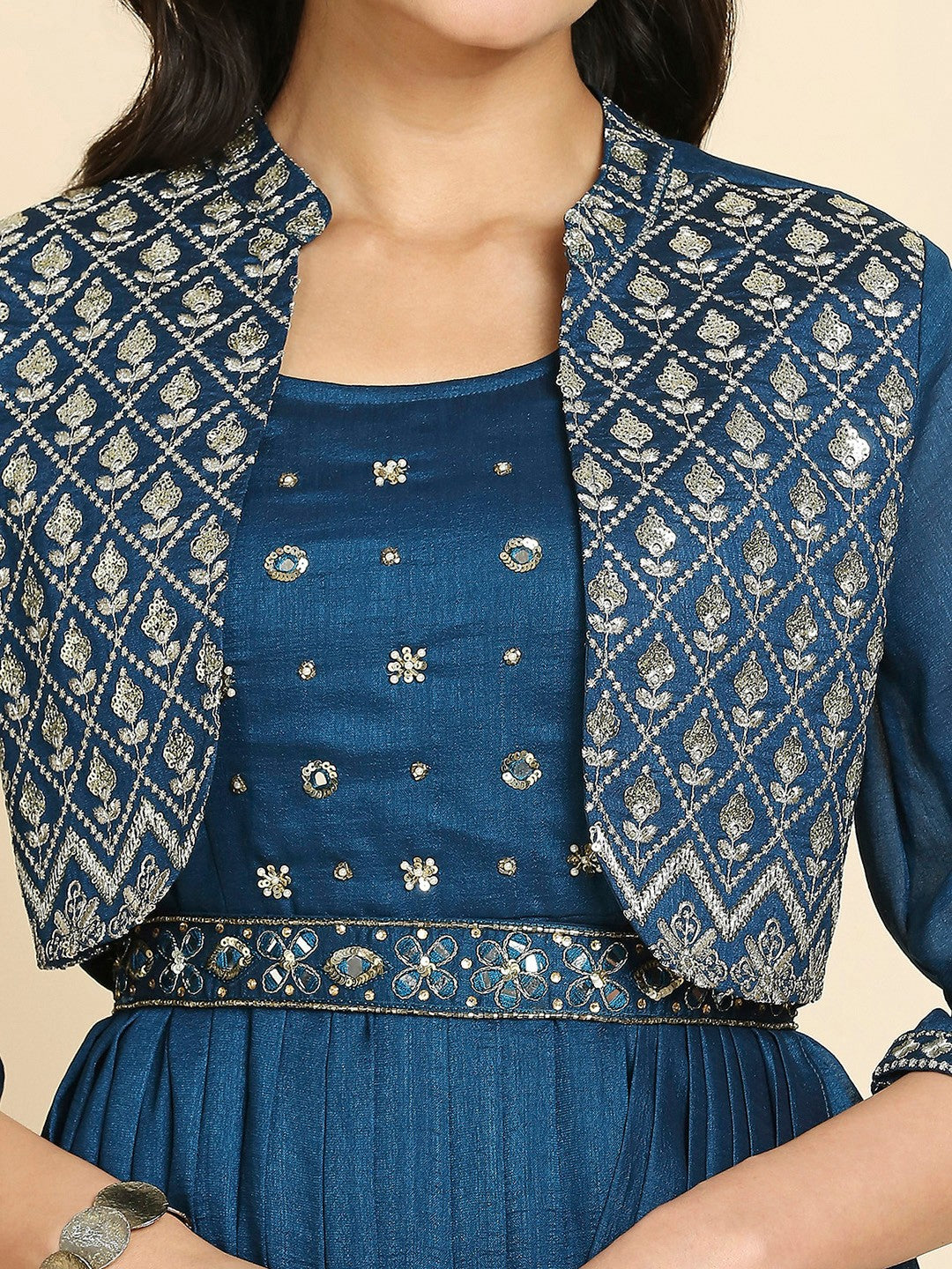 Readymade Embroidery Blue Sleeveless Gown With 3/4 Sleeve Jacket & Belt