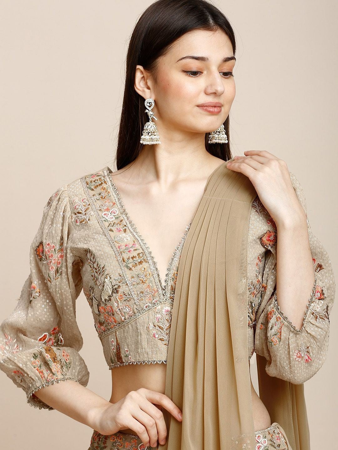 Beige Georgette Lehenga & Blouse For Women With Dupatta