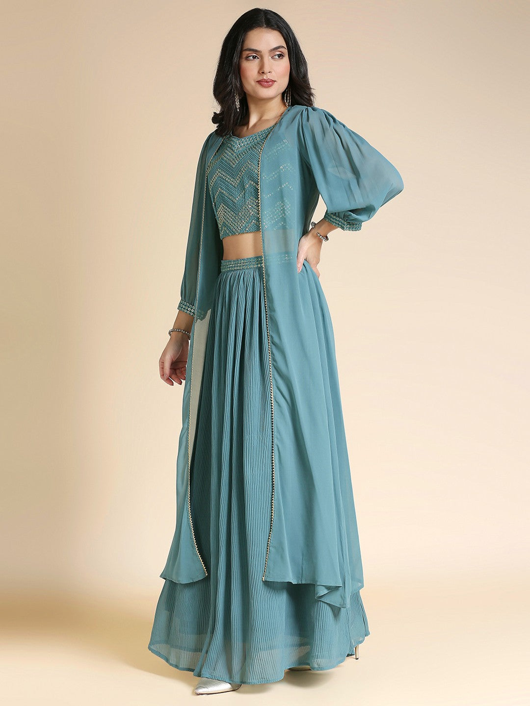 Teal & Gold Georgette Lehenga Choli For Women With Shrug