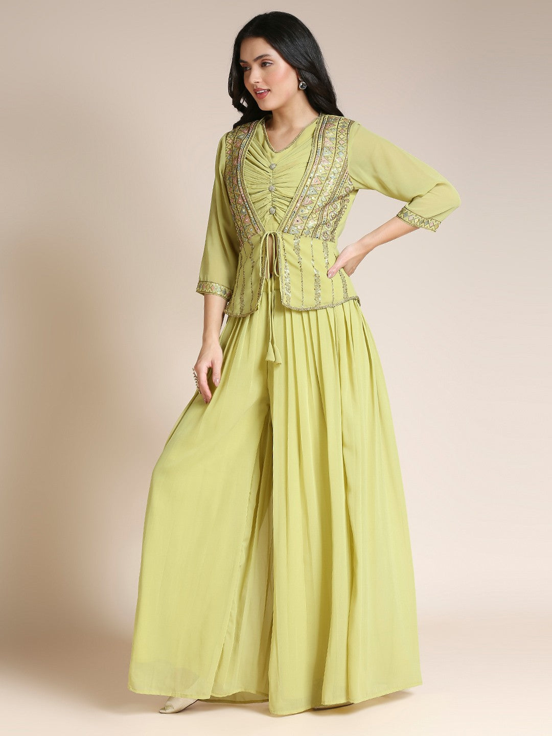 Yellow Georgette Plazzo Set For Women With Top & Jacket