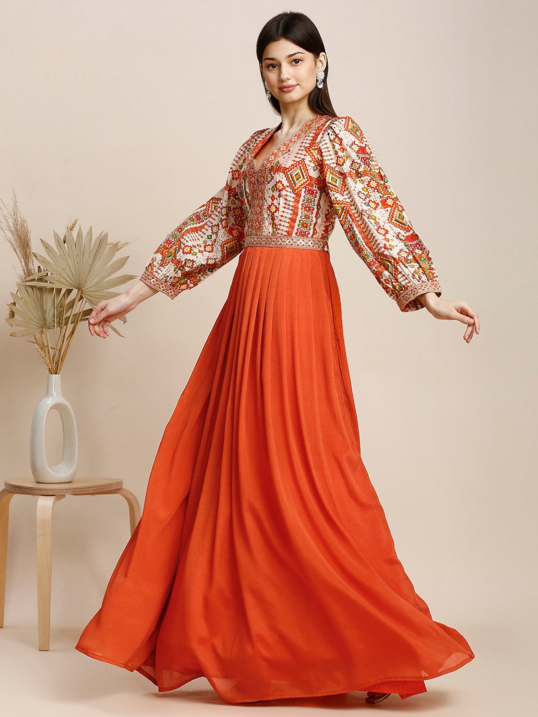 Orange Silk Puff Sleeve Long Gown