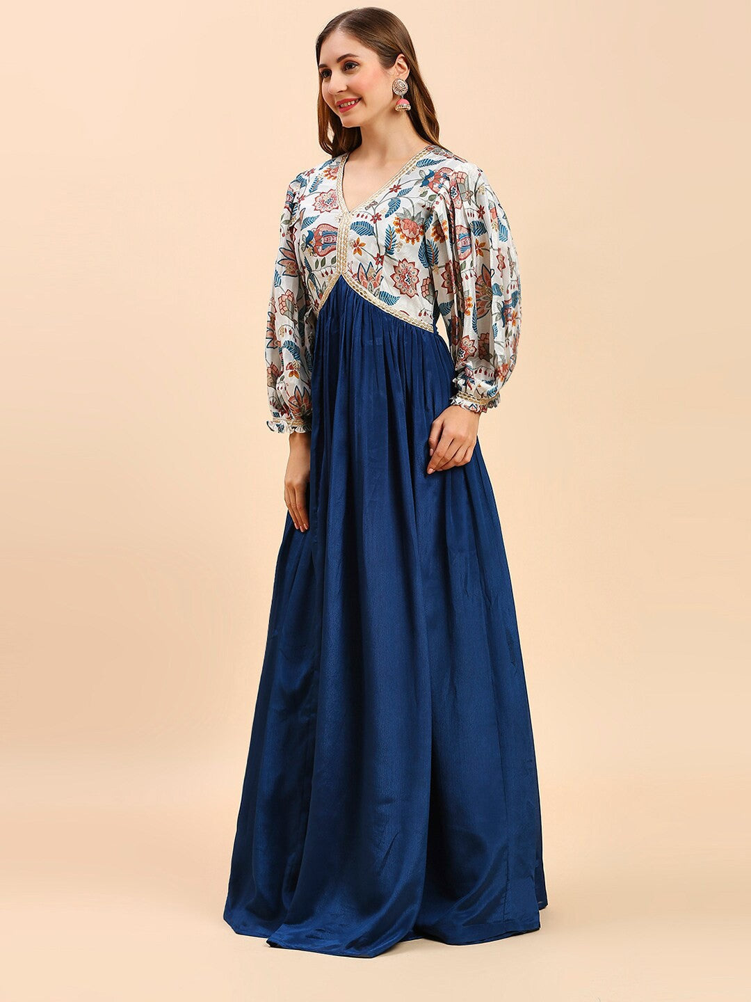 White & Blue Silk Long Gown Dress For Women