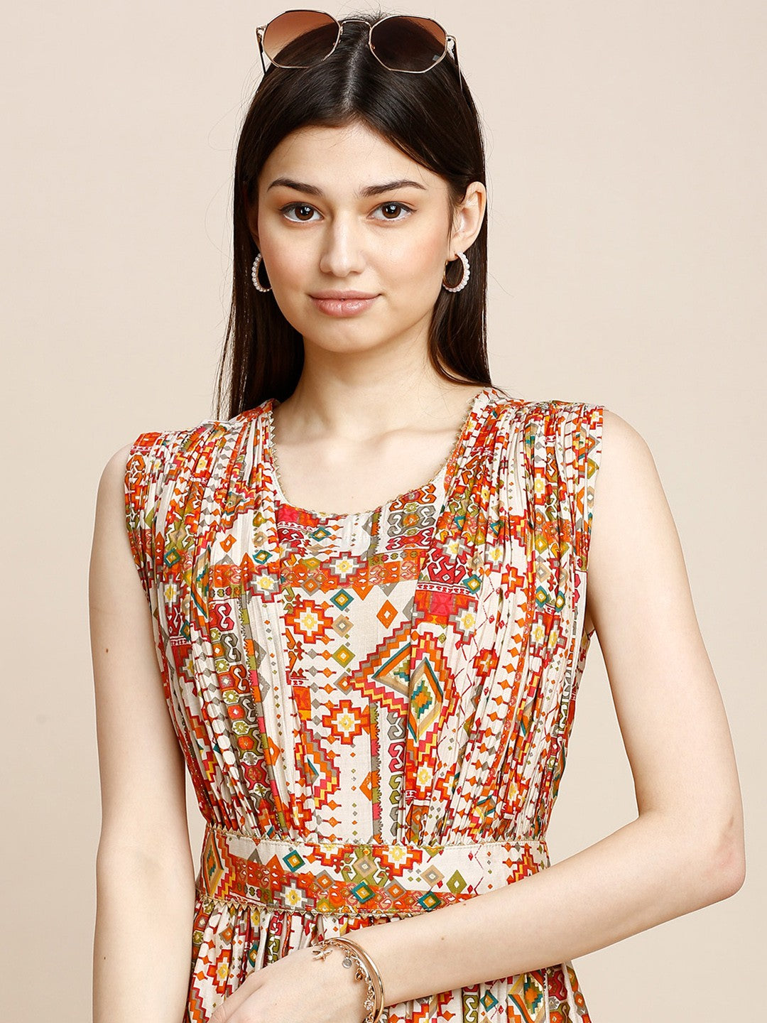 Beige Printed Chanderi Long Gown