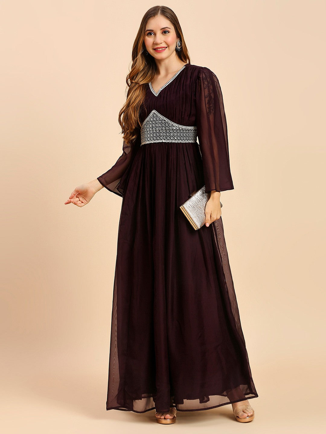 Coffee Brown Satin Long Gown