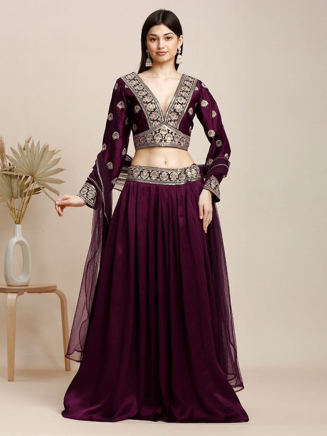 Maroon Silk Lehenga & Blouse For Women With Dupatta