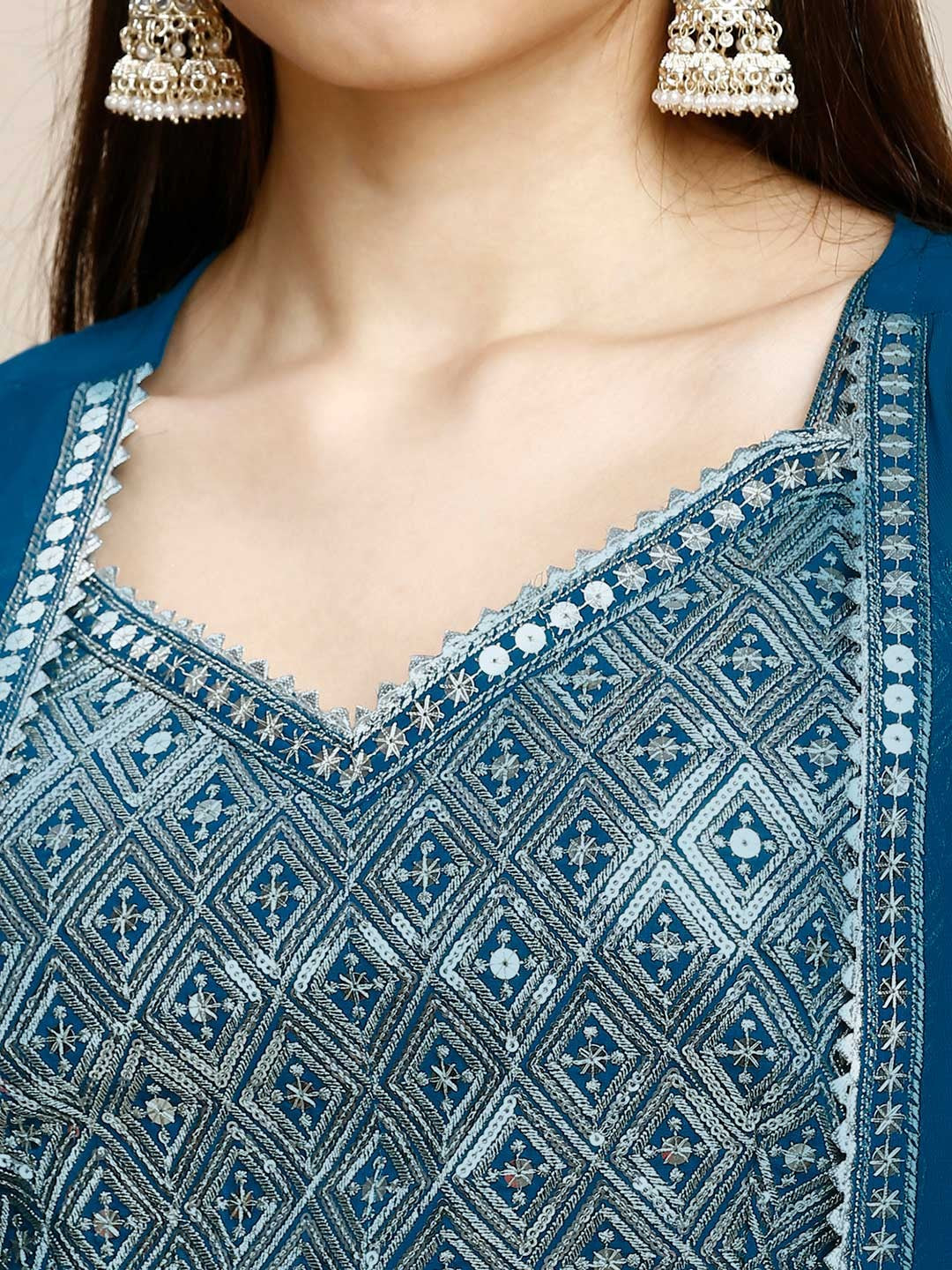 Blue Silk & Georgette Plazzo Set For Women With Crop Top & Shrug