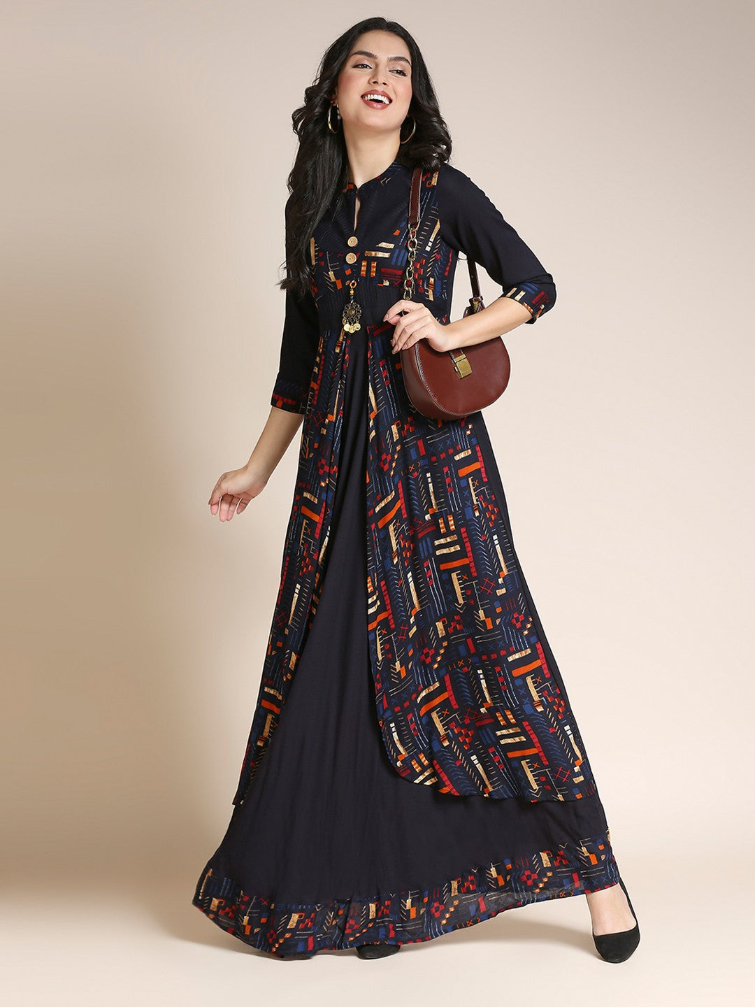 NavyBlue Printed Rayon Long Gown Dress For Women