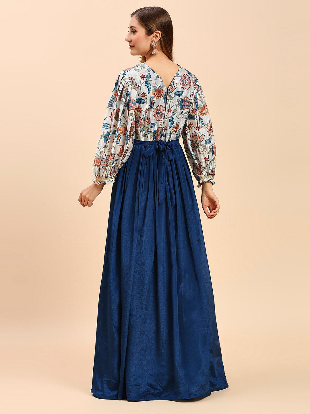 White & Blue Silk Long Gown Dress For Women