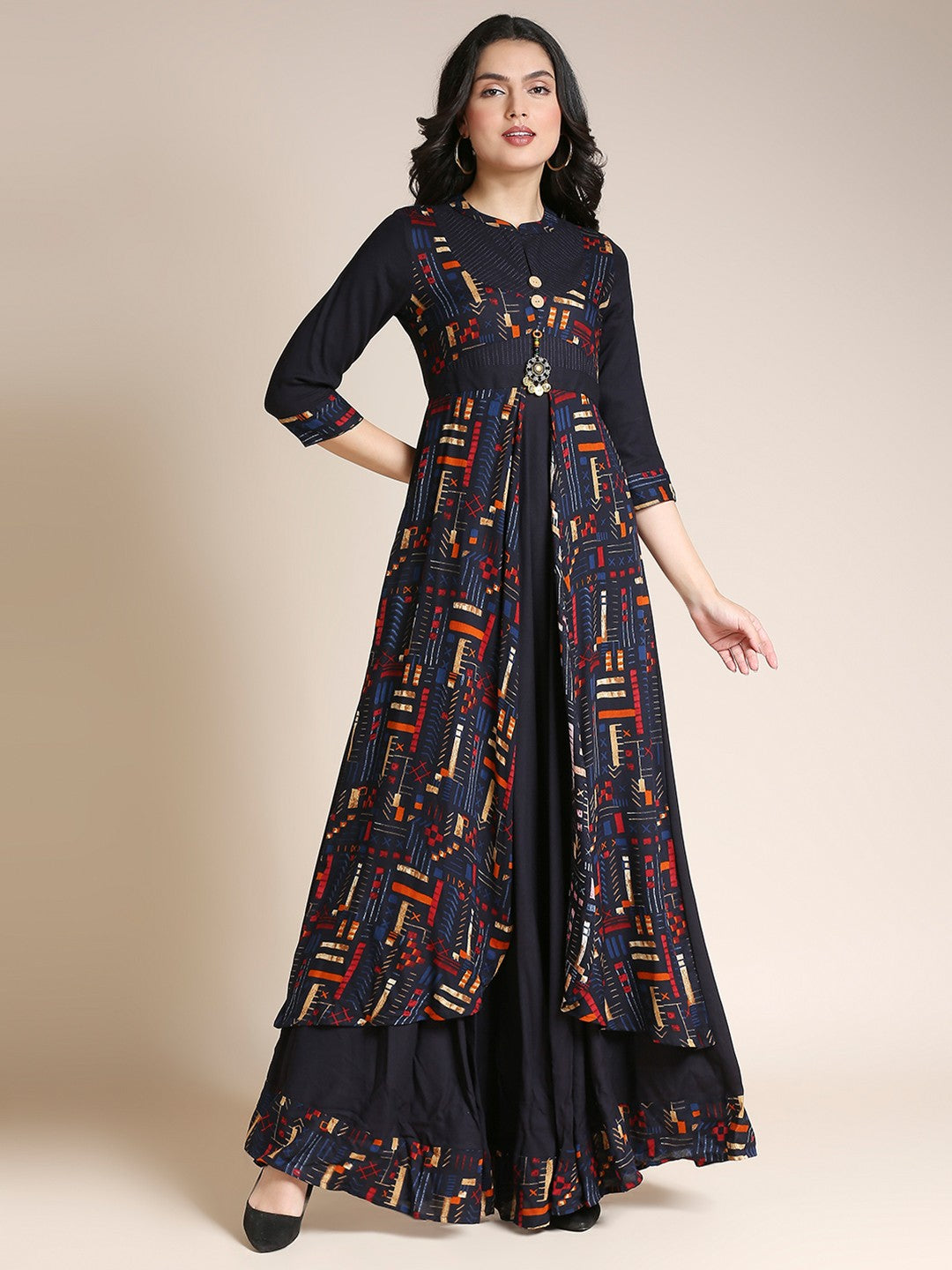 NavyBlue Printed Rayon Long Gown Dress For Women