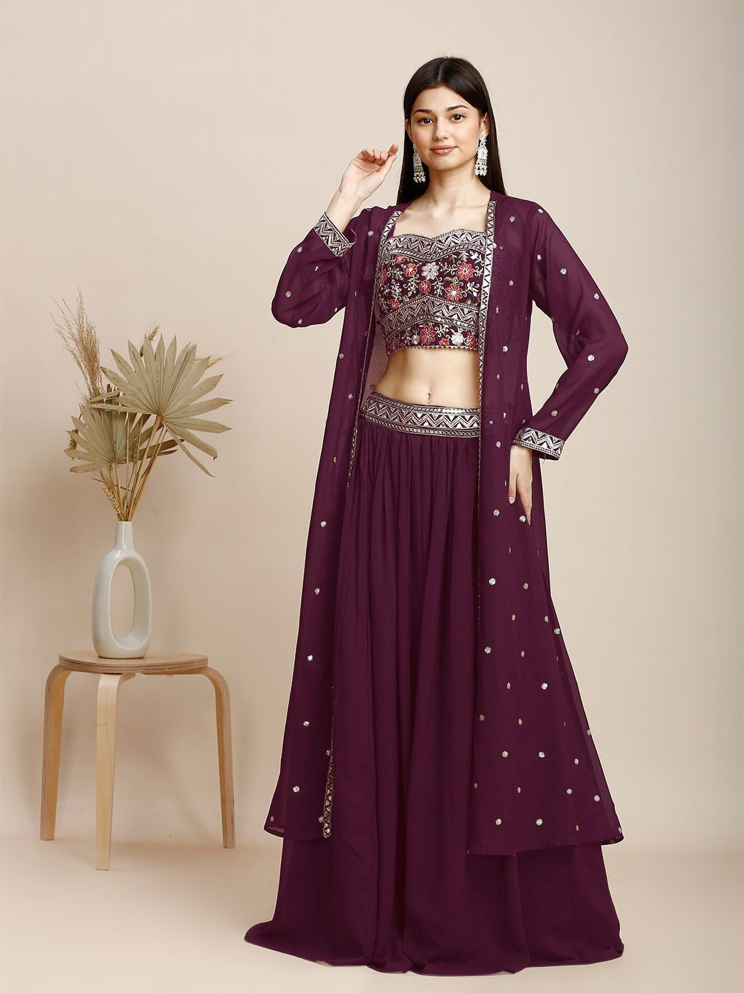 Maroon Silk & Georgette Plazzo Set For Women With Top & Shrug
