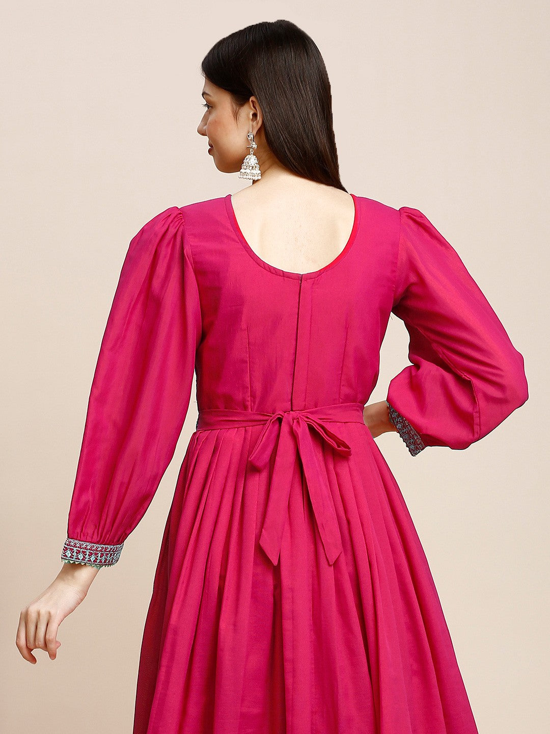 Pink Crepe Puff Sleeves Anarkali Long Gown