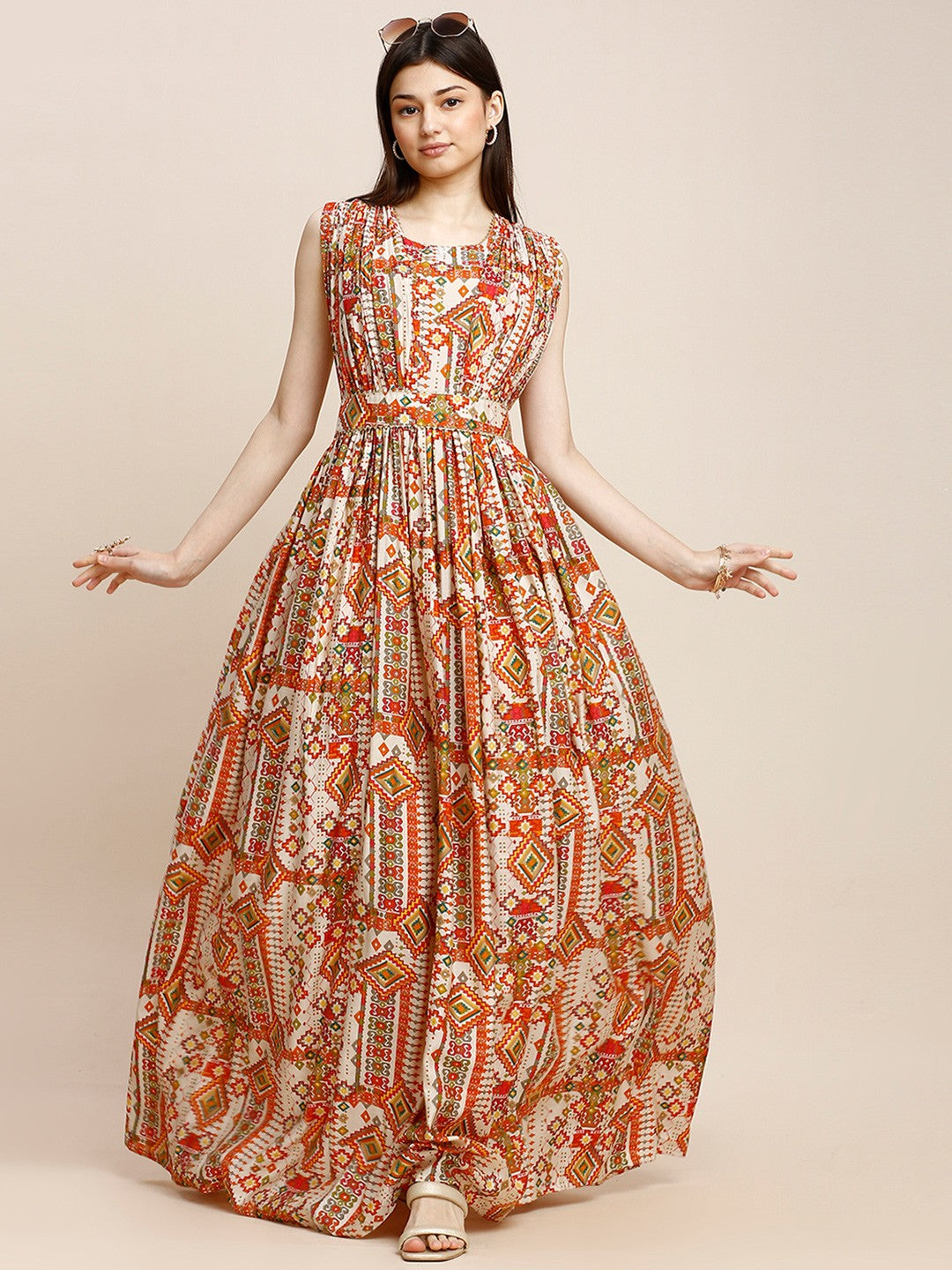 Beige Printed Chanderi Long Gown