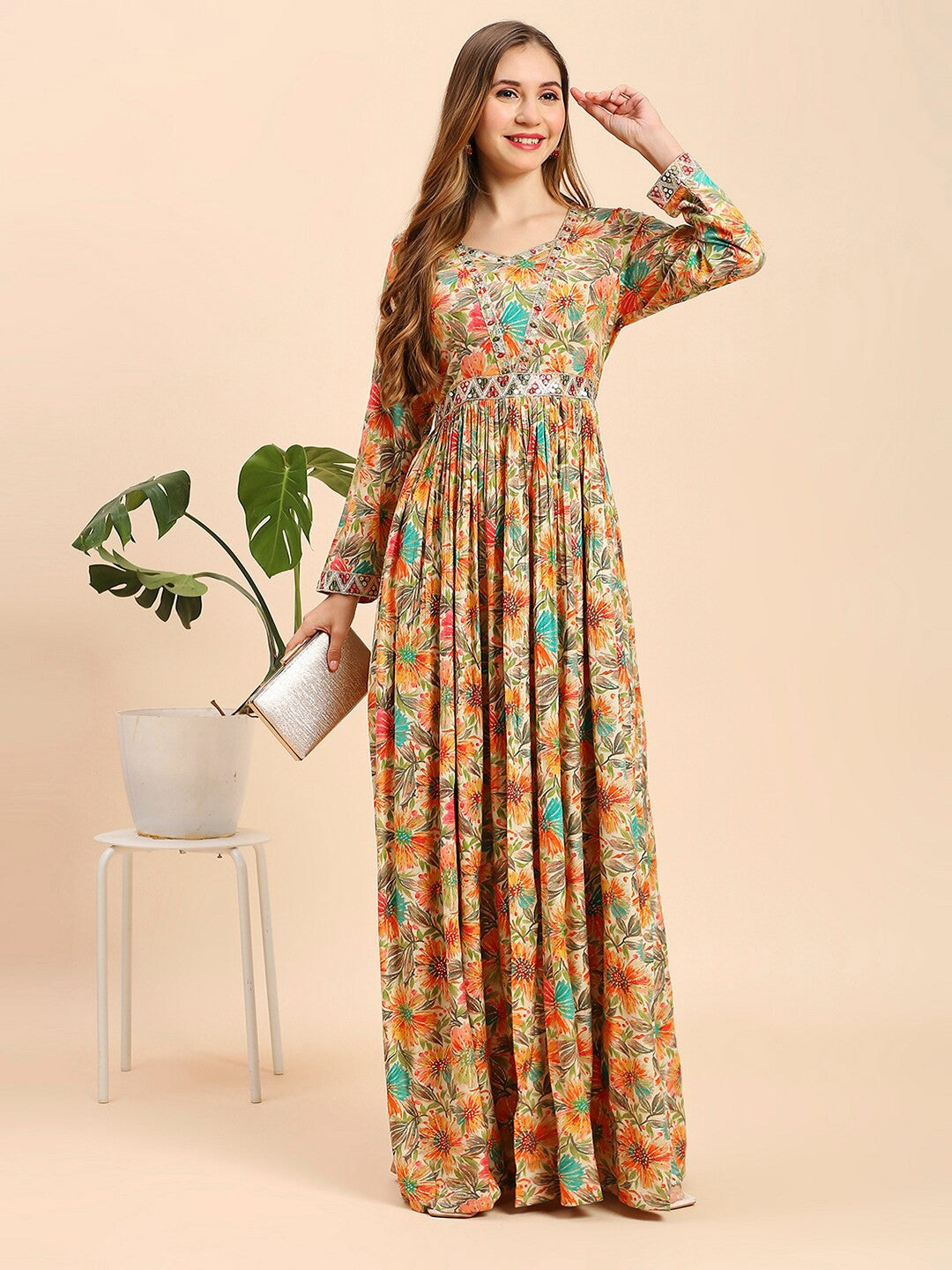 Floral Printed Rayon Long Gown Dress For Women