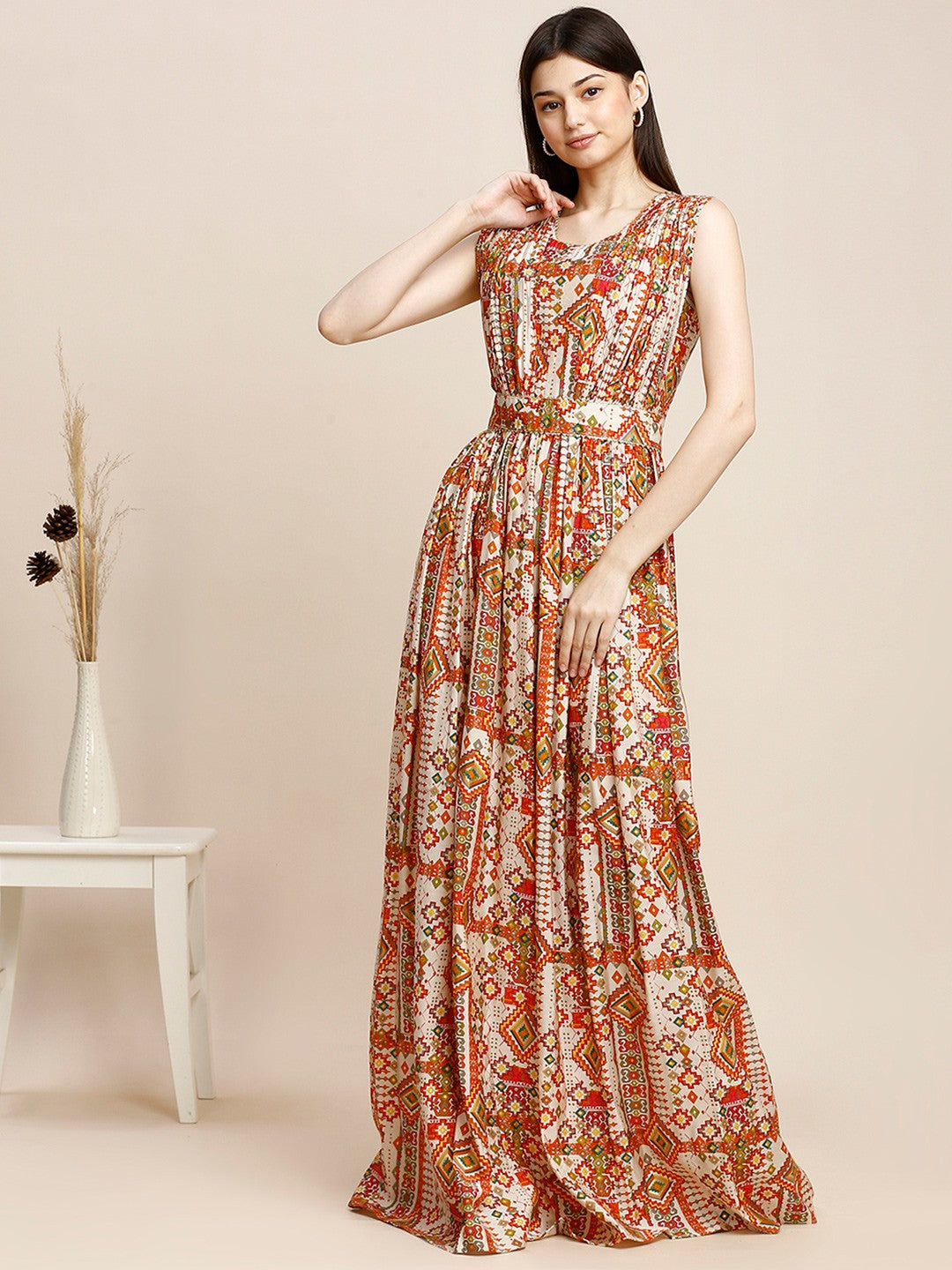 Beige Printed Chanderi Long Gown