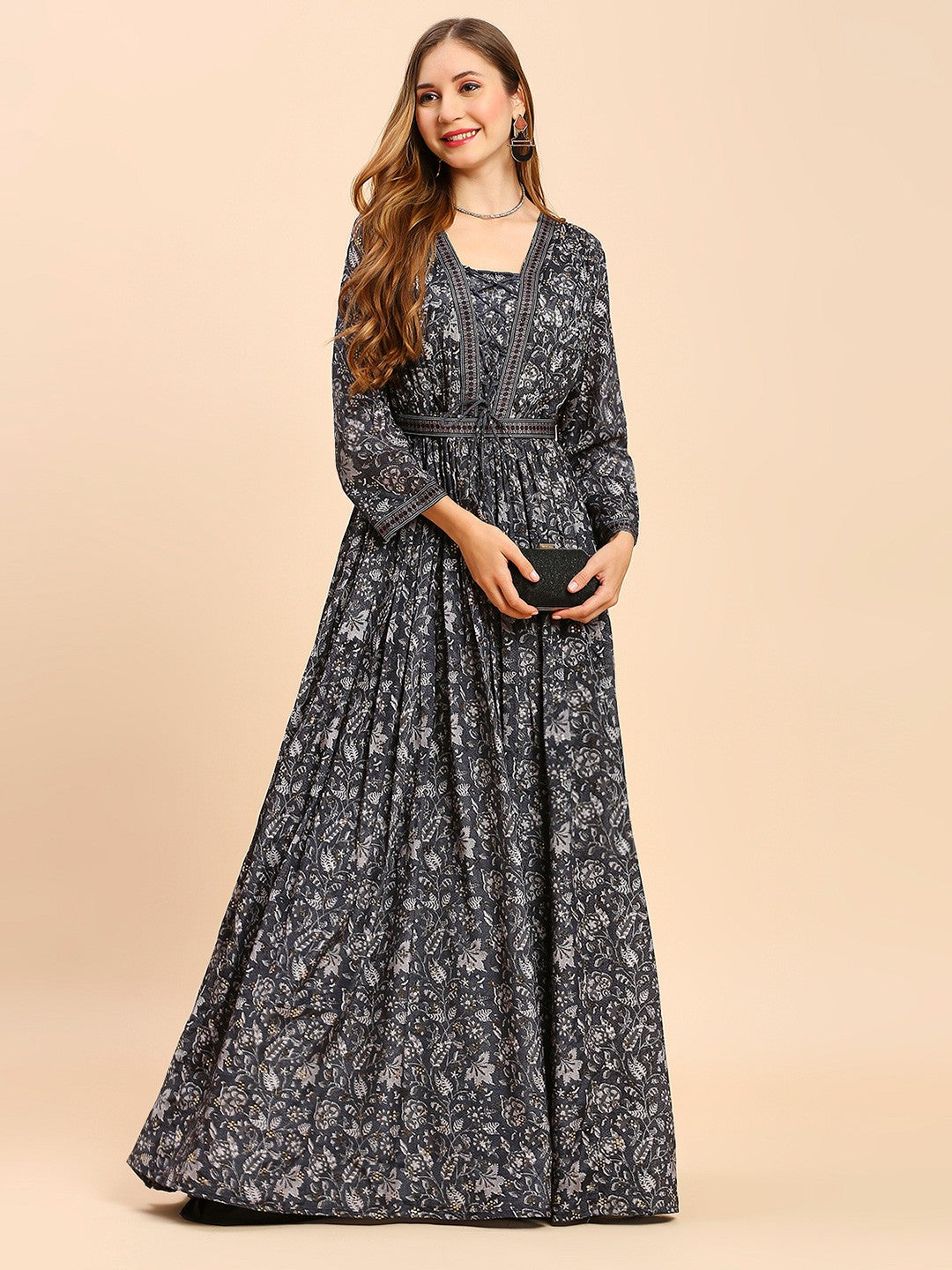 Black Floral Printed Long Gown Dress For Women
